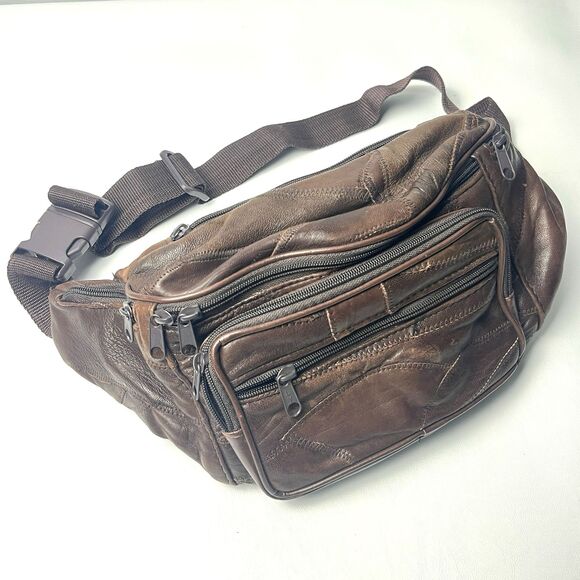 Vintage Italian Leather Oversized‎ Fanny Pack Bag 6 Pockets Adjustable Brown - Picture 2 of 7